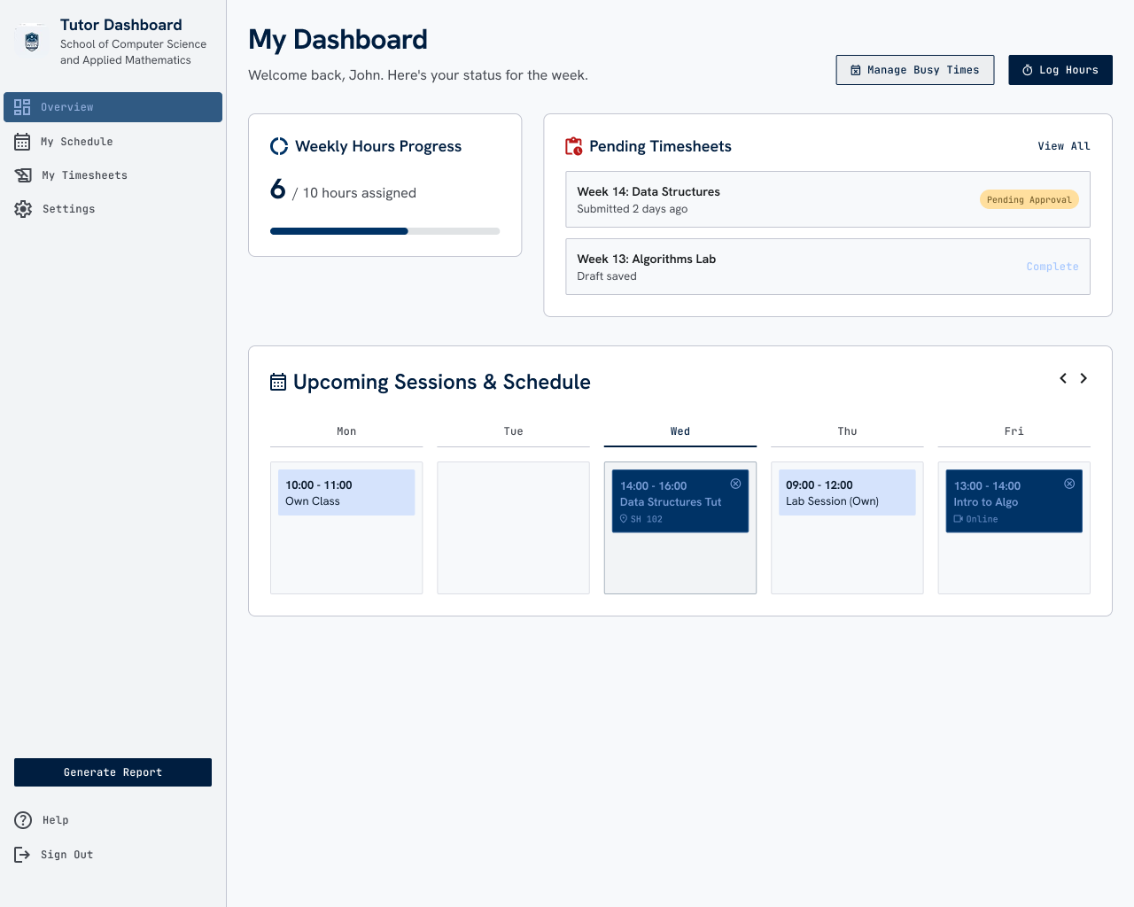Tutor Dashboard UI